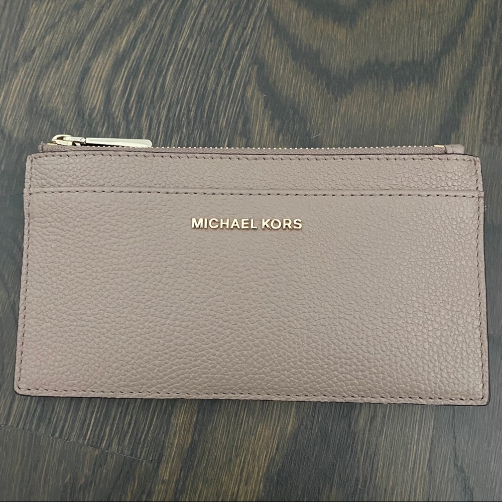 Michael Kors Dusty Mauve Pebbled Leather Zip Card Wallet with Gold Logo